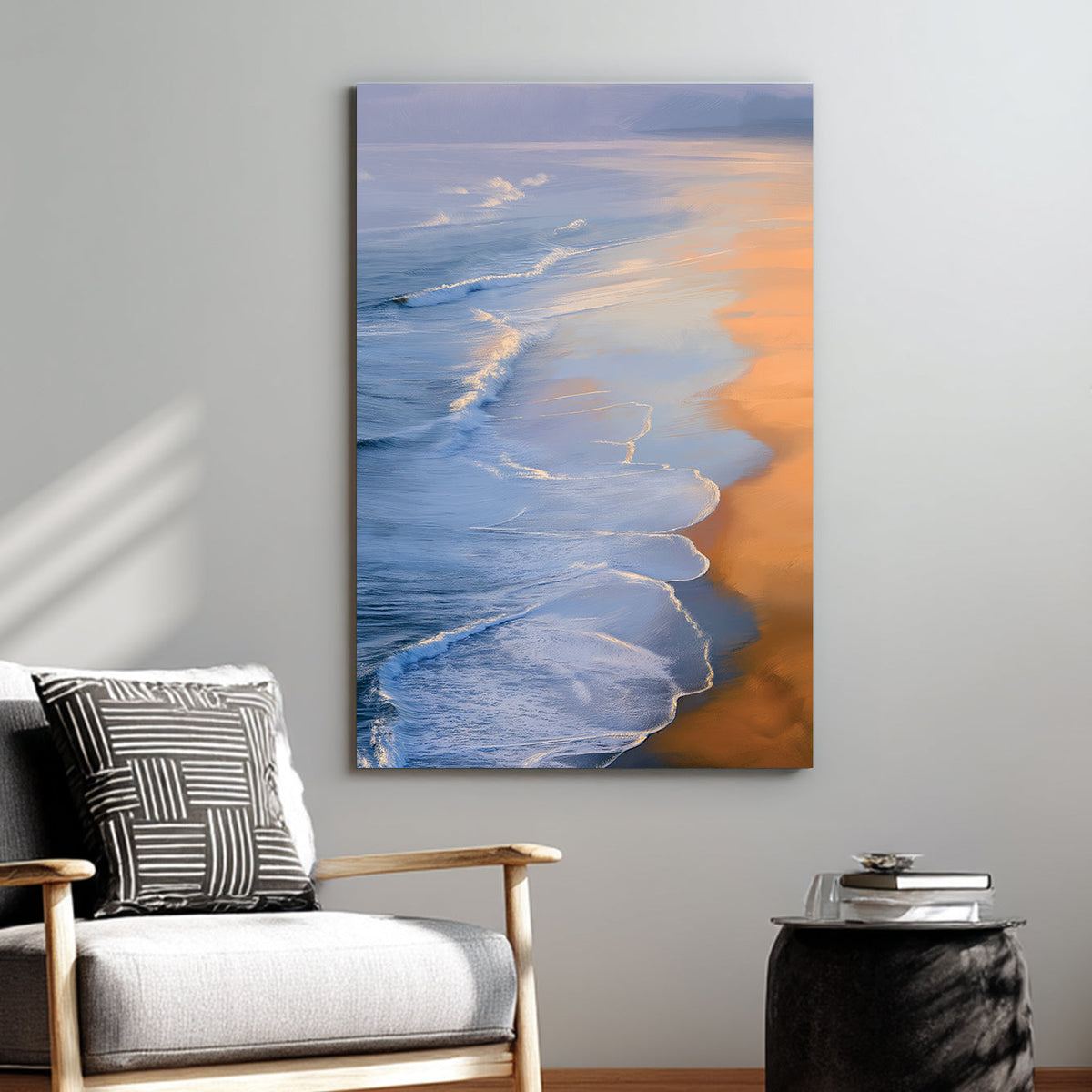 serene ocean sunset wall art with gentle waves and golden reflections