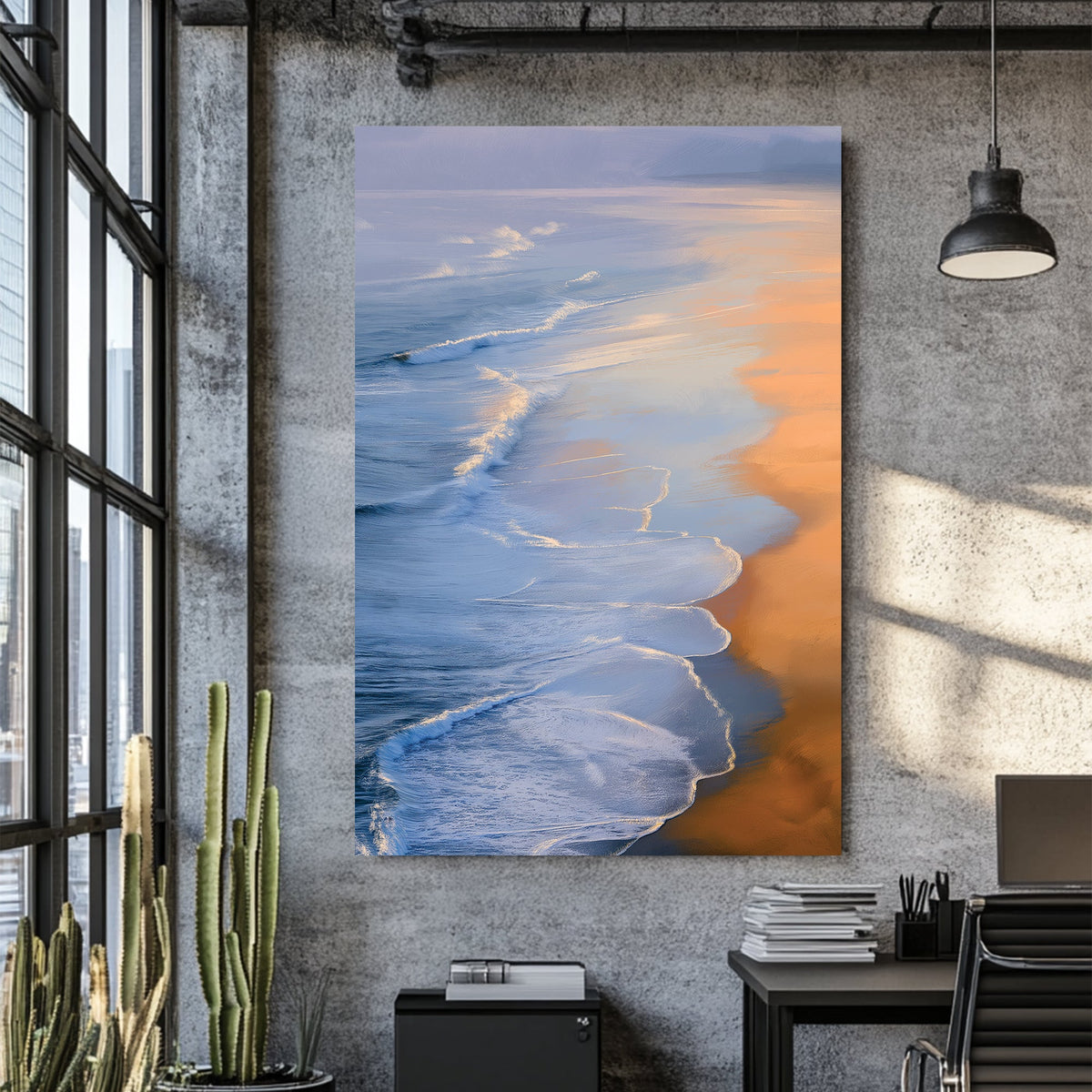serene ocean sunset wall art with gentle waves and golden reflections