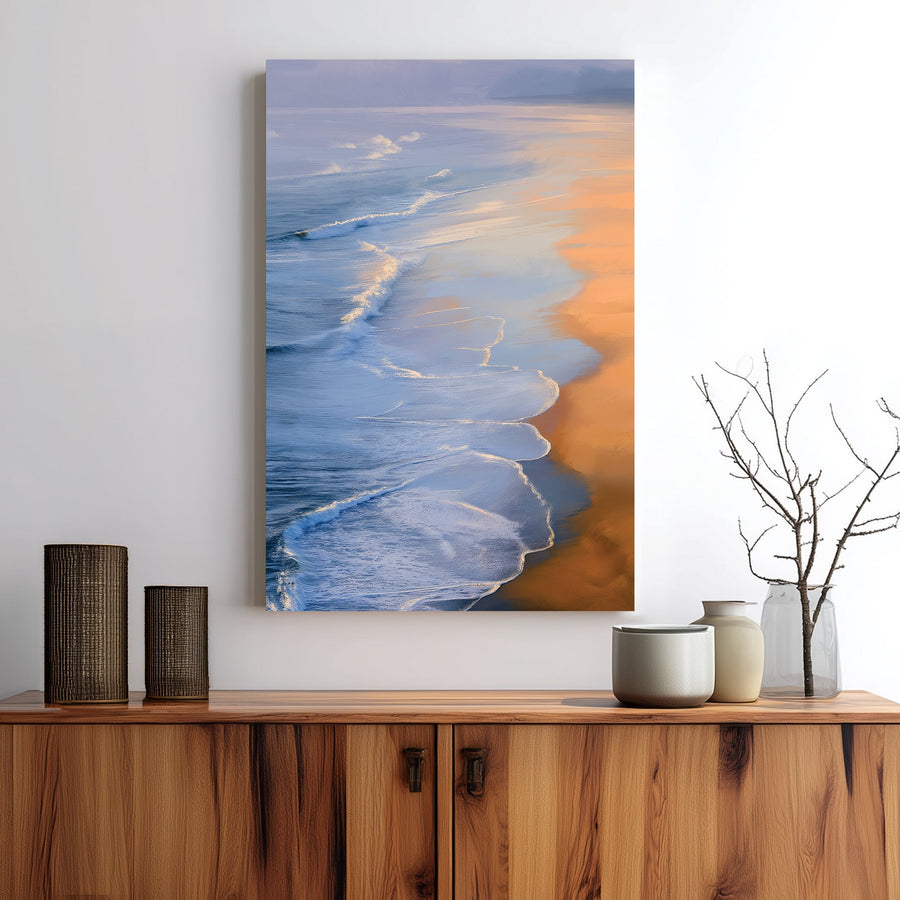 serene ocean sunset wall art with gentle waves and golden reflections