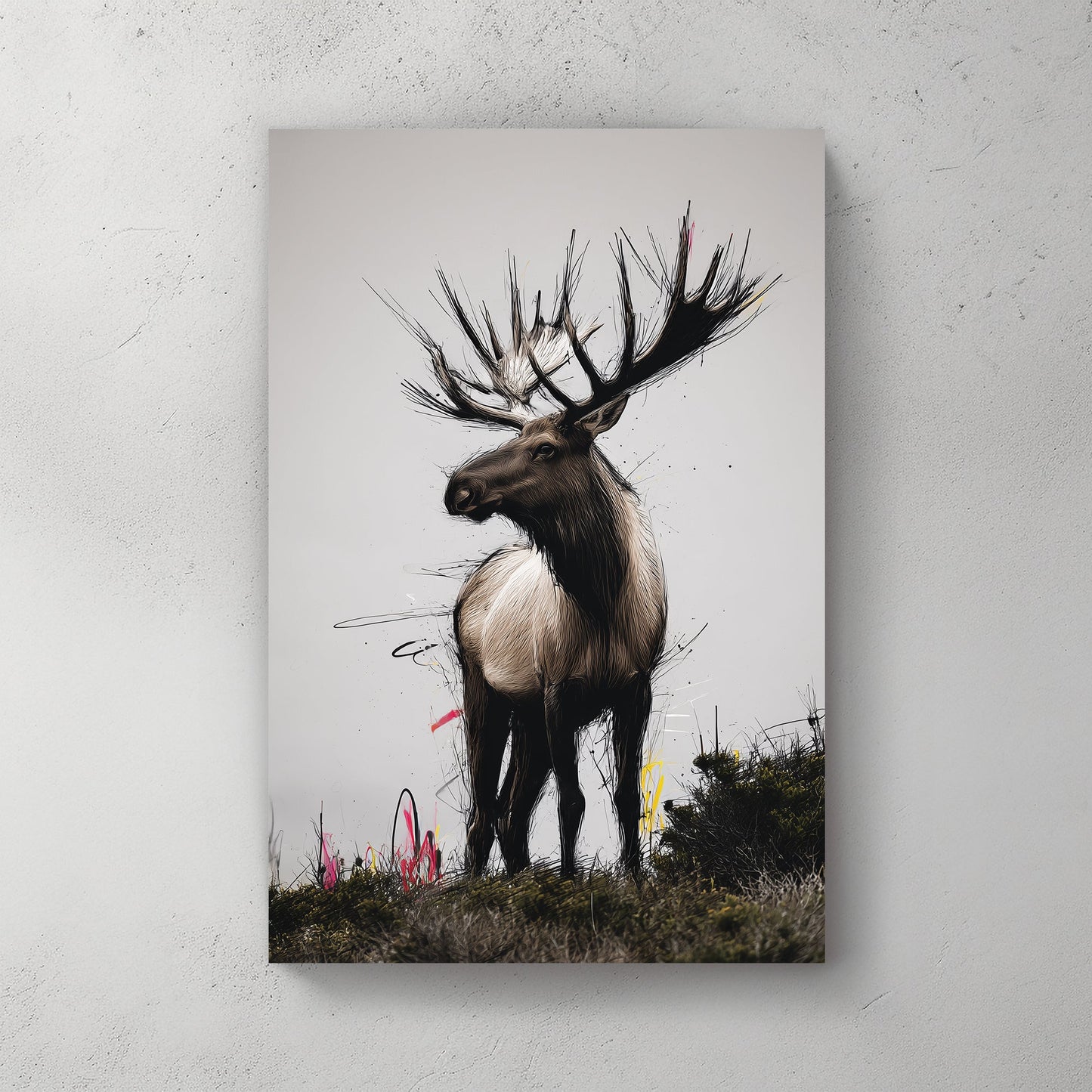 elk standing in field wall art with urban paint accents