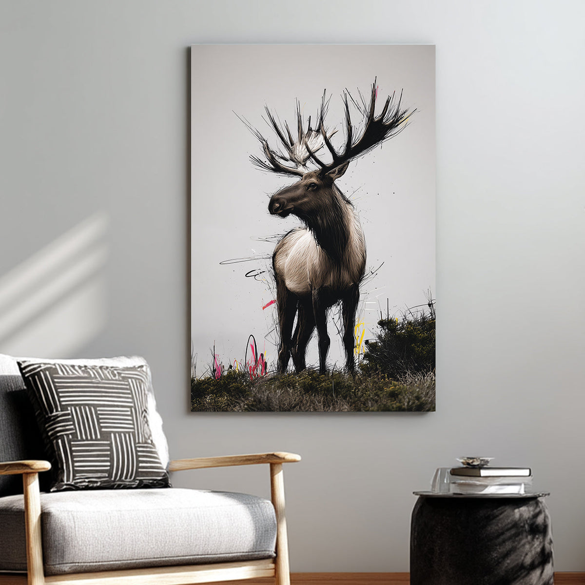 elk standing in field wall art with urban paint accents