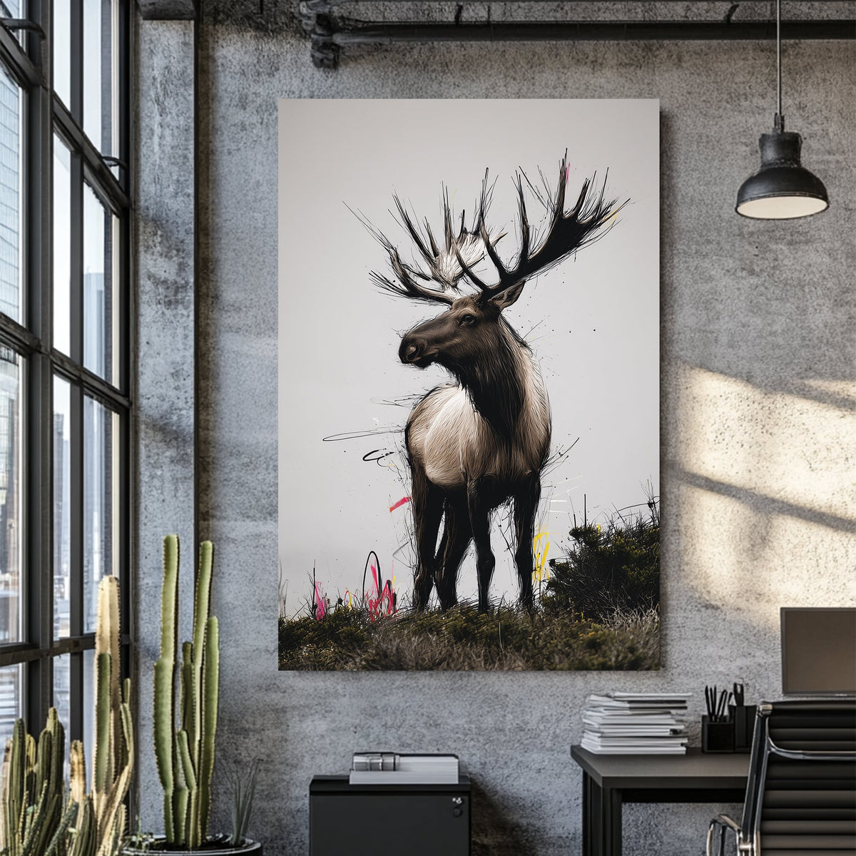 elk standing in field wall art with urban paint accents