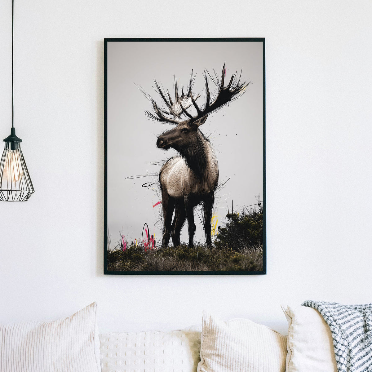 elk standing in field wall art with urban paint accents