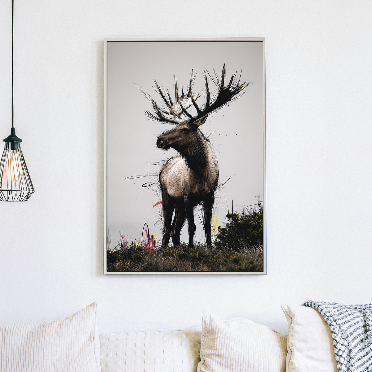 elk standing in field wall art with urban paint accents