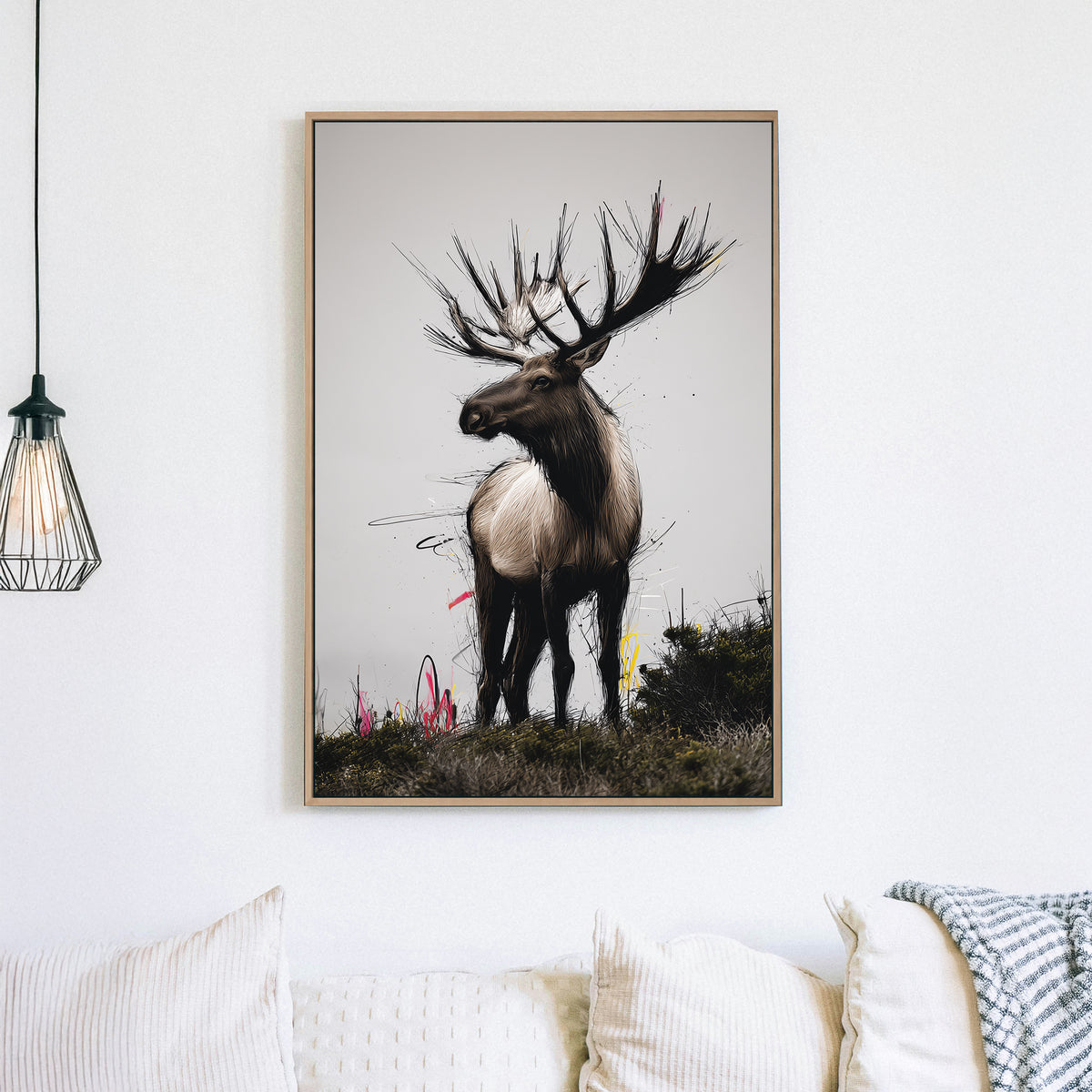 elk standing in field wall art with urban paint accents