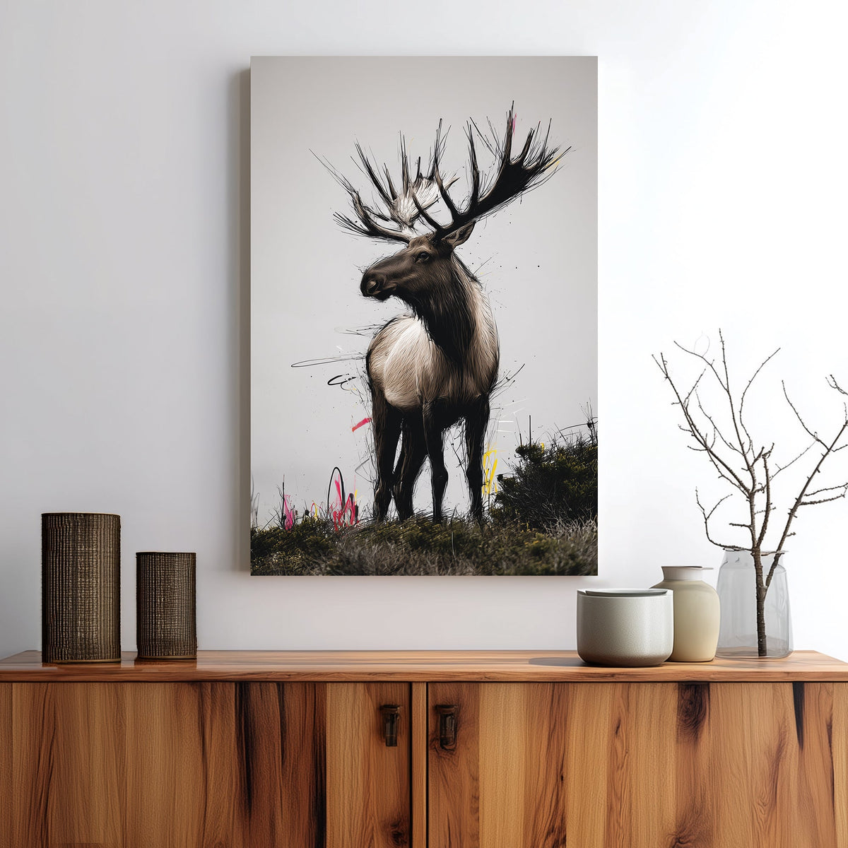 elk standing in field wall art with urban paint accents