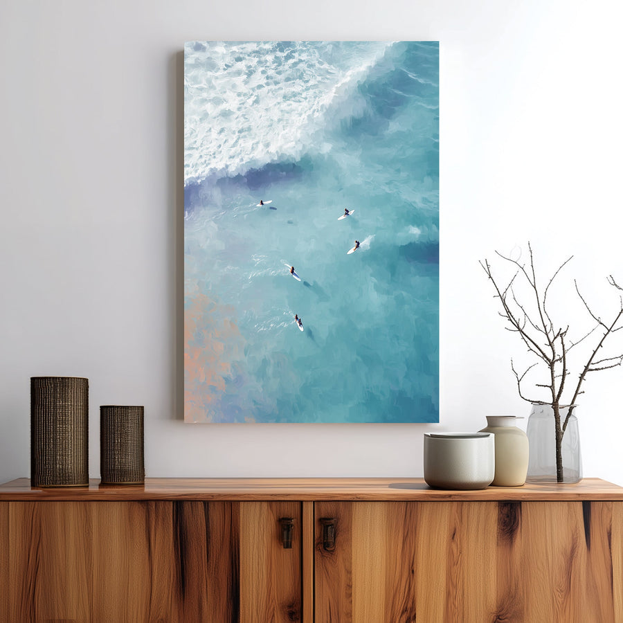 aerial surfer ocean wave wall art in turquoise and peach tones