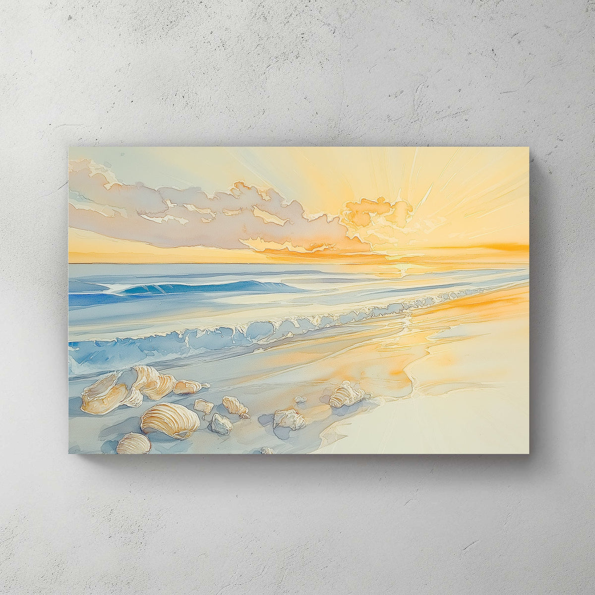 sunrise beach scene with seashells wall art