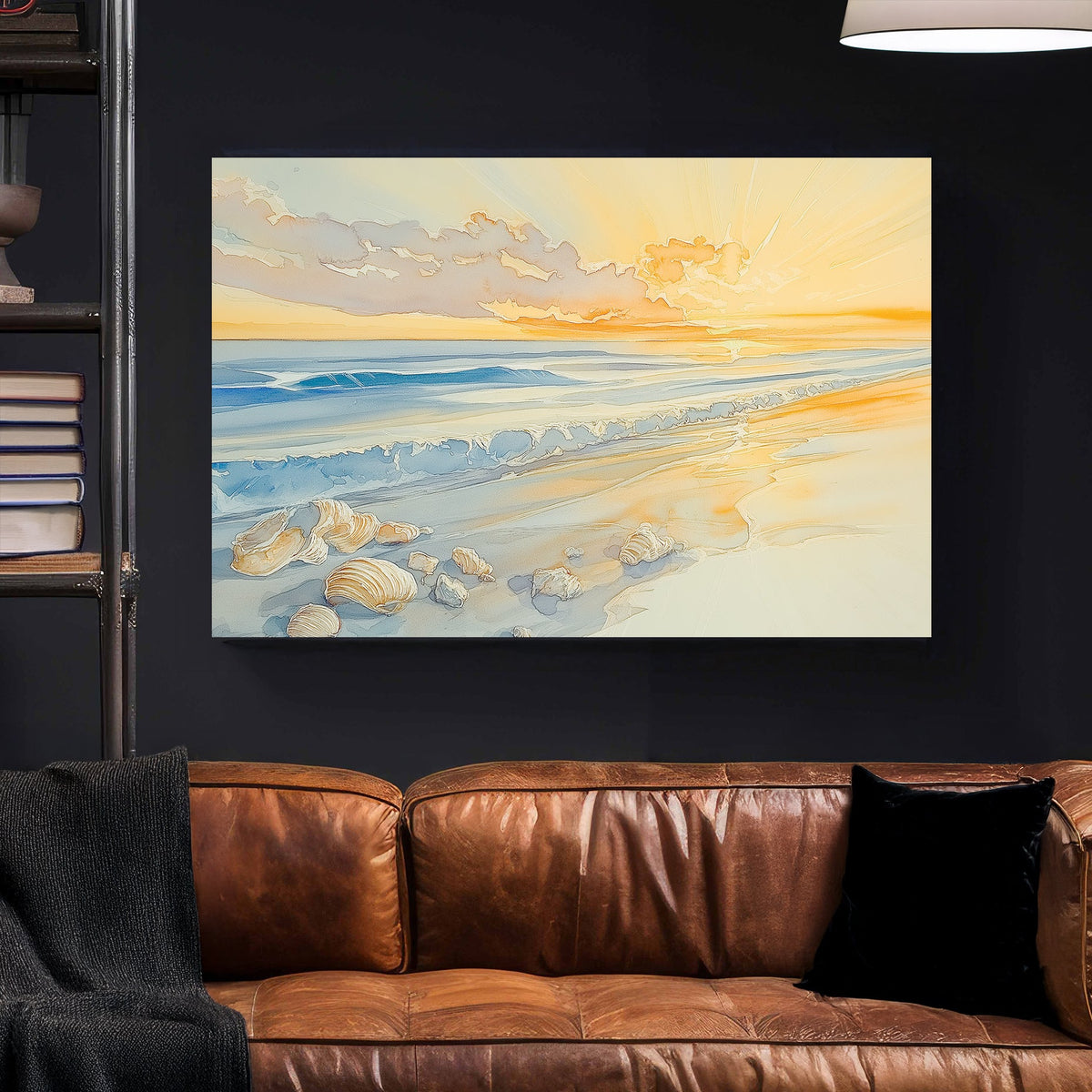 sunrise beach scene with seashells wall art