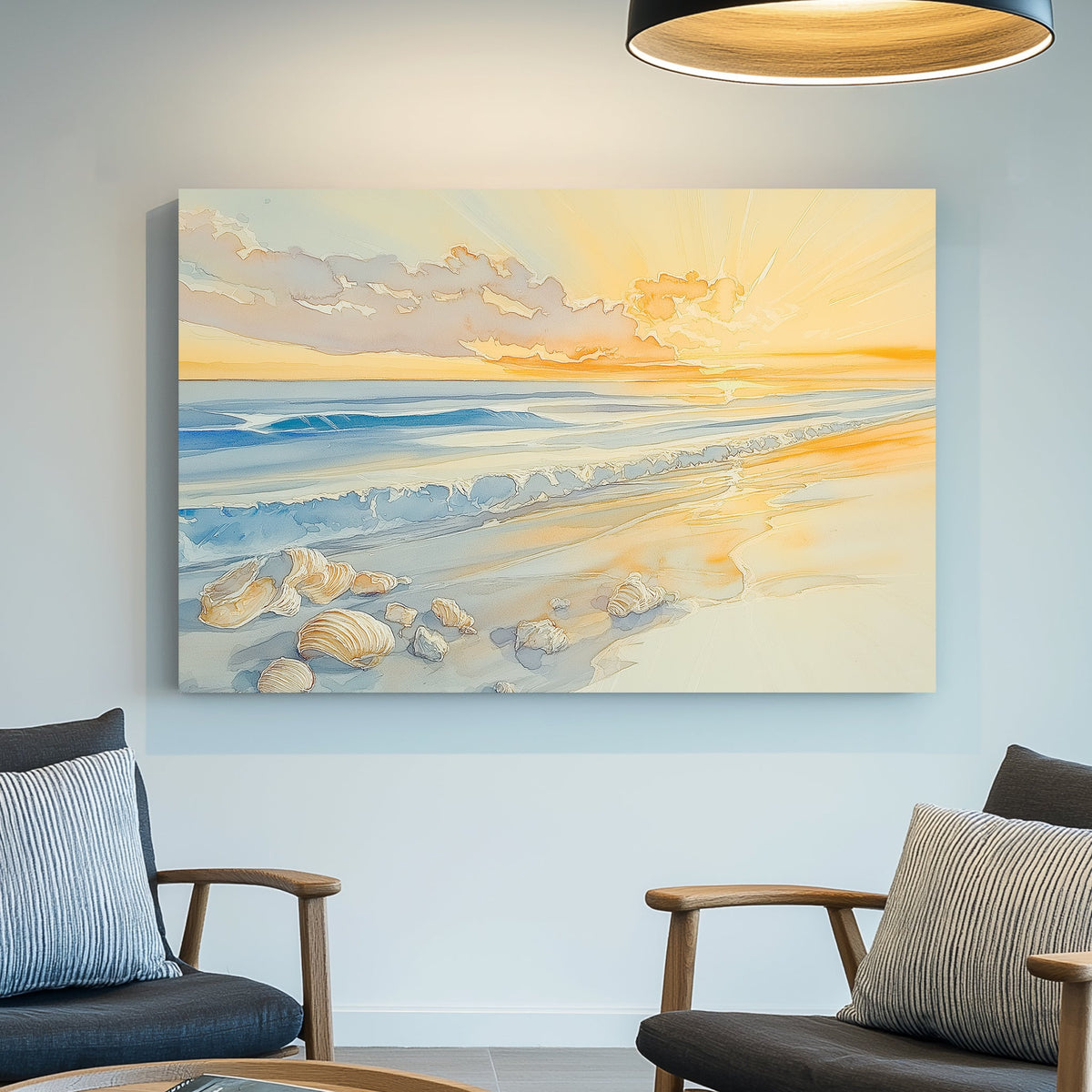 sunrise beach scene with seashells wall art