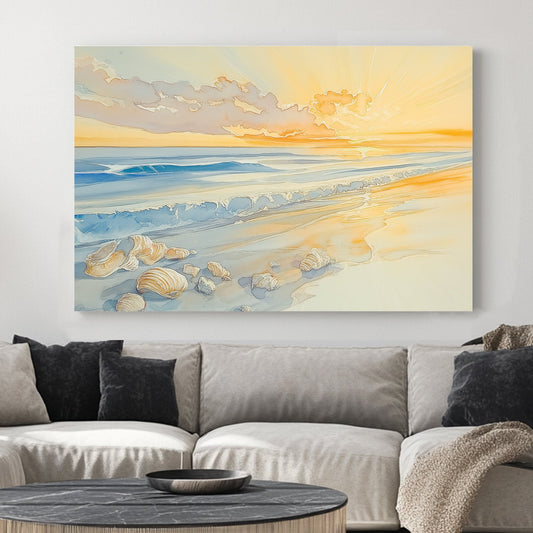 sunrise beach scene with seashells wall art