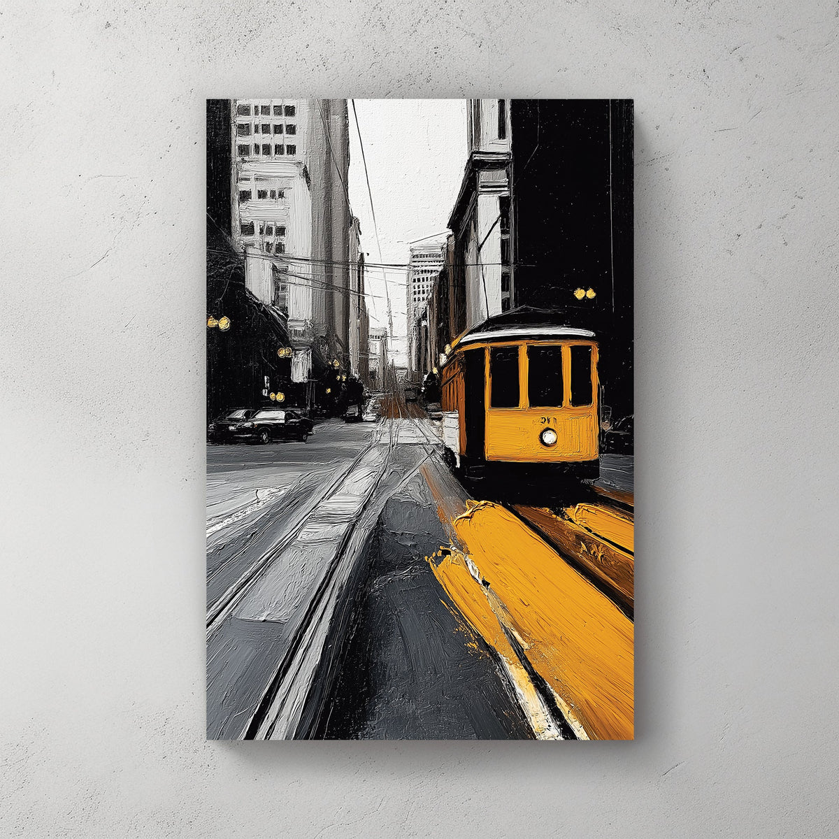 yellow trolley in black and white cityscape wall art
