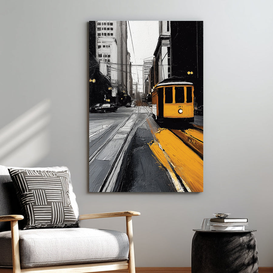 yellow trolley in black and white cityscape wall art