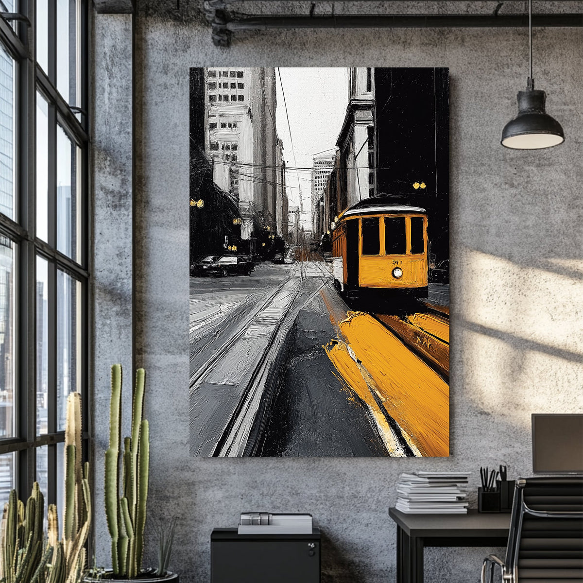 yellow trolley in black and white cityscape wall art