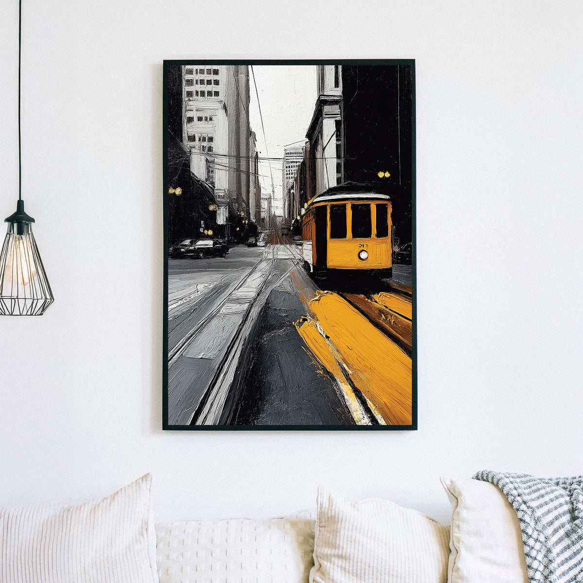 yellow trolley in black and white cityscape wall art