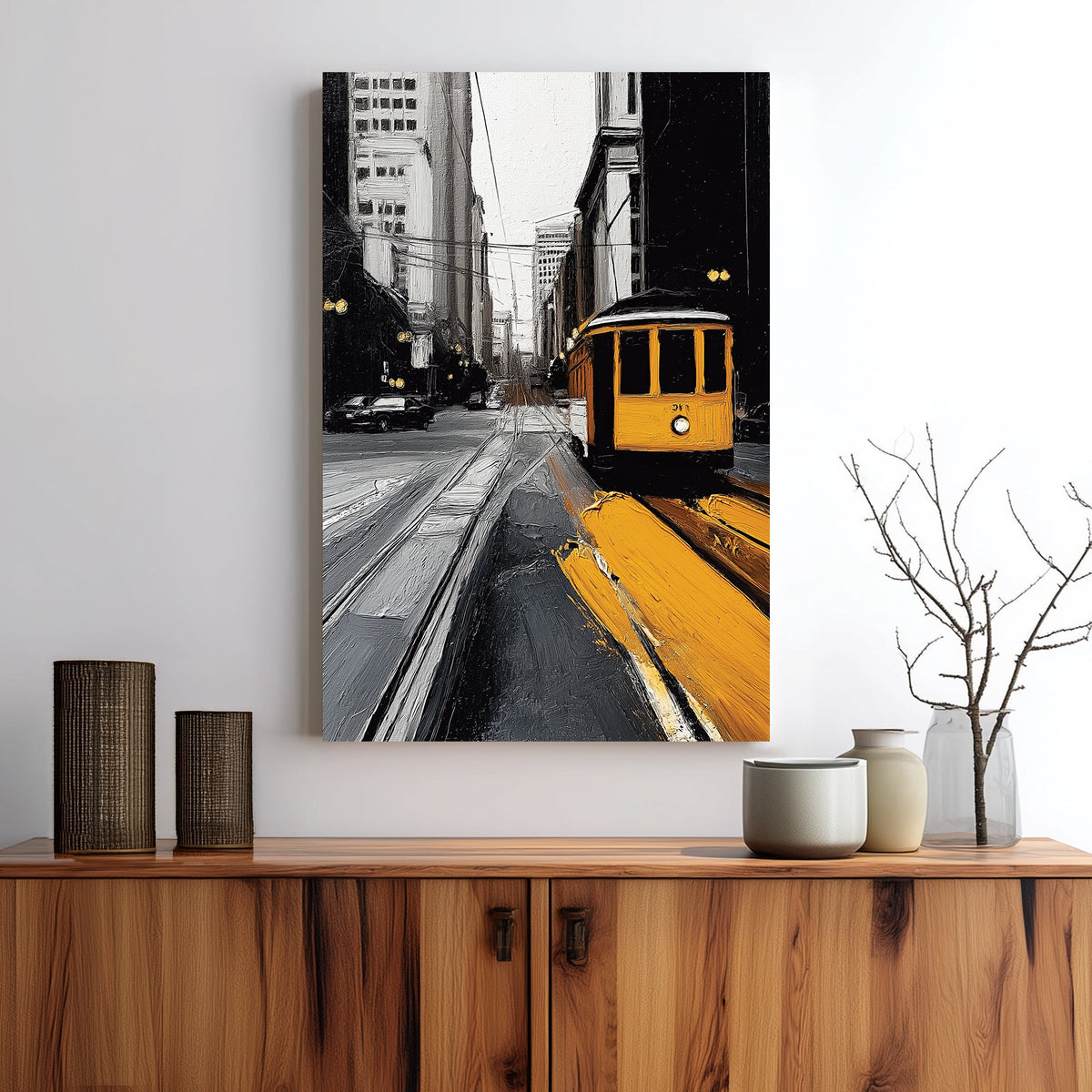 yellow trolley in black and white cityscape wall art