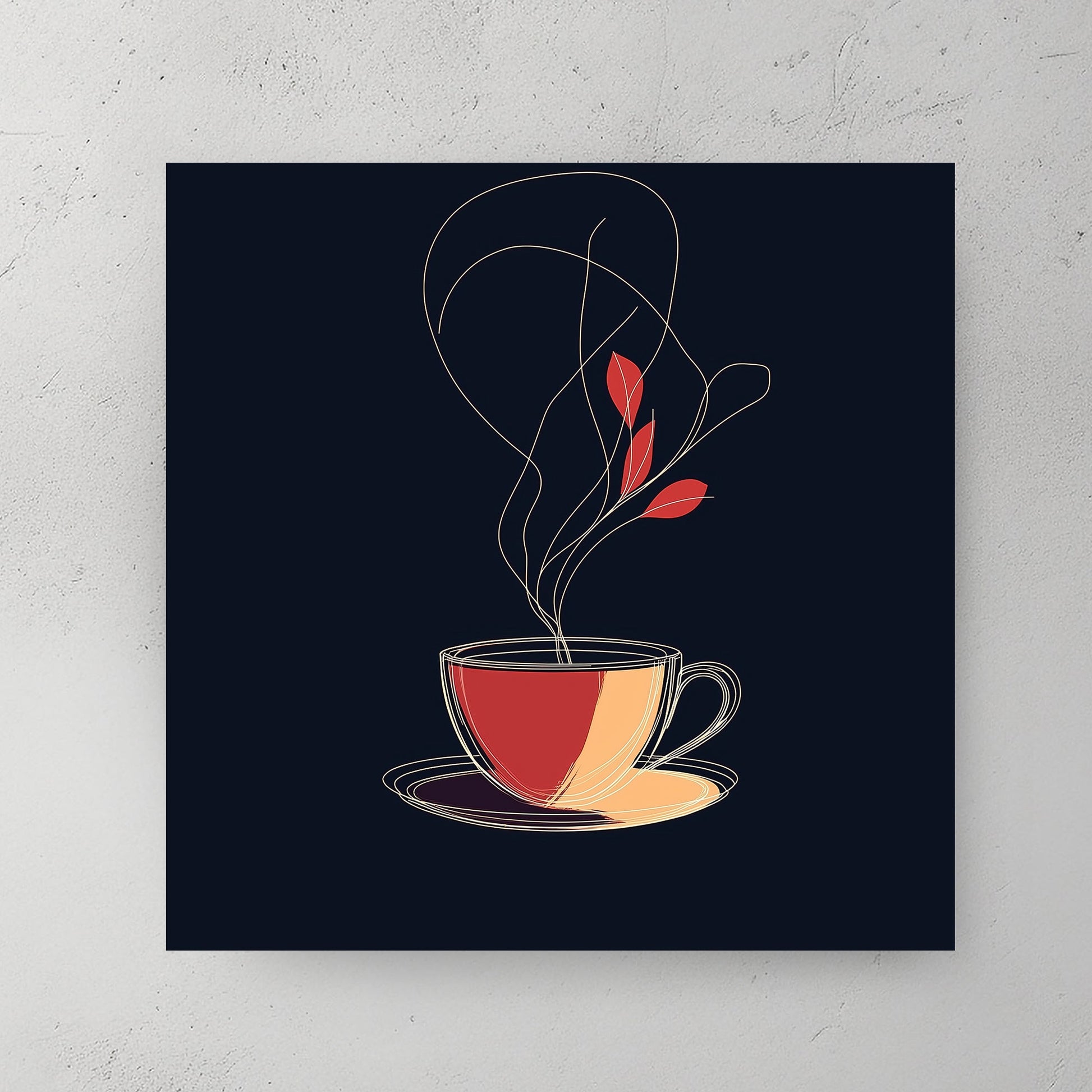 minimalist tea cup with abstract steam and leaves wall art