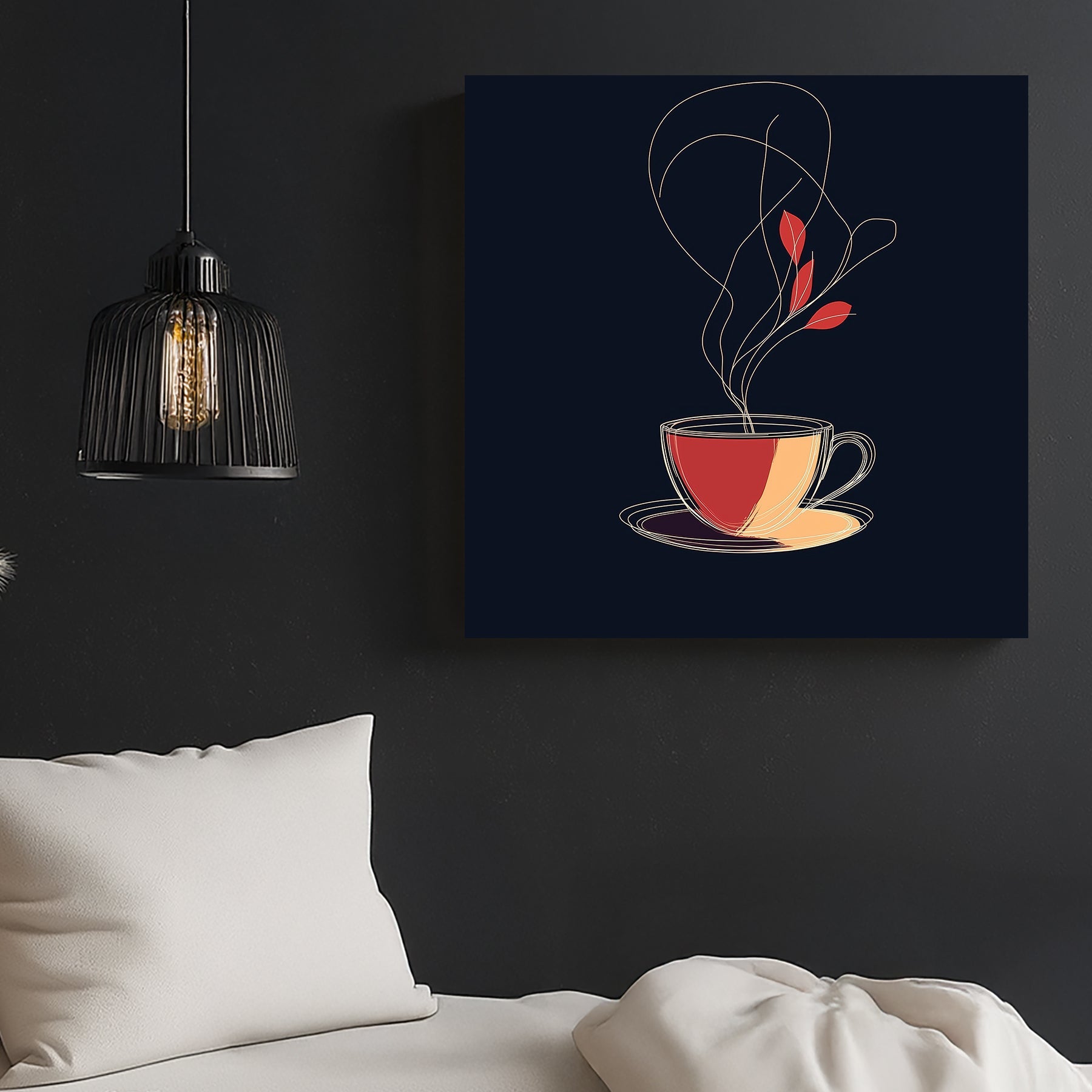 minimalist tea cup with abstract steam and leaves wall art