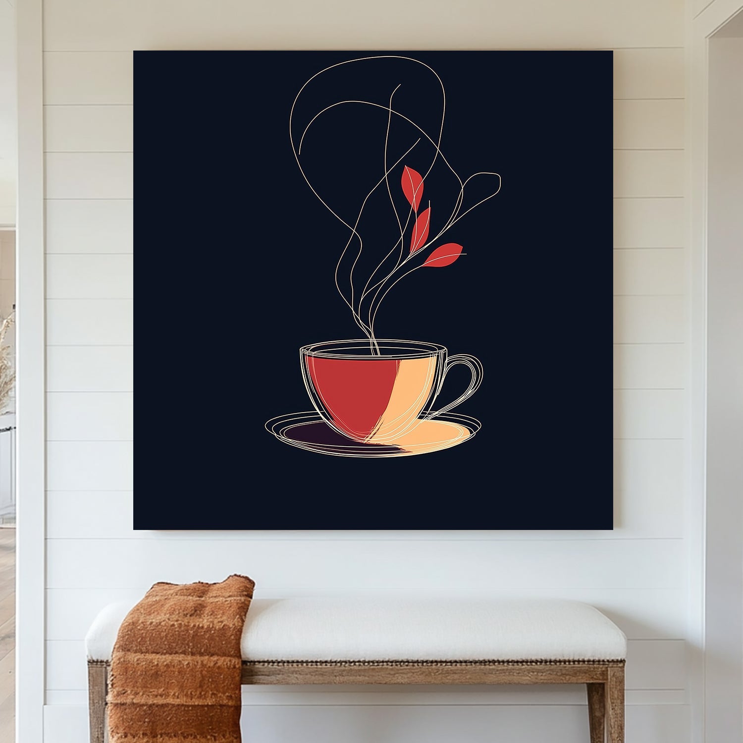 minimalist tea cup with abstract steam and leaves wall art