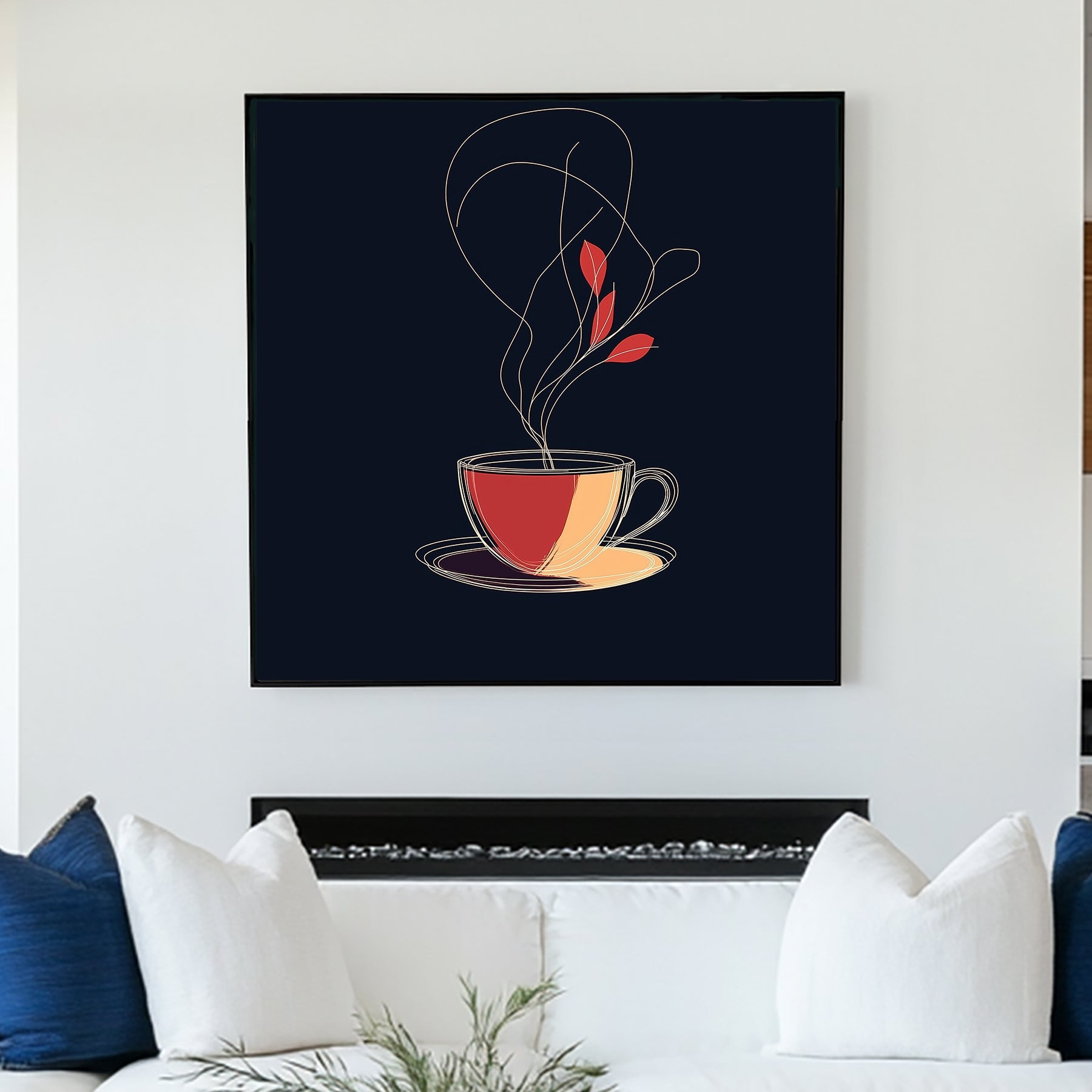 minimalist tea cup with abstract steam and leaves wall art