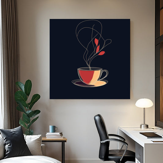 minimalist tea cup with abstract steam and leaves wall art