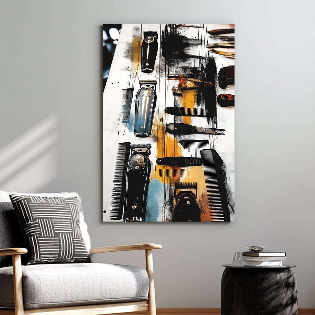 urban barber tool wall art with clippers and combs