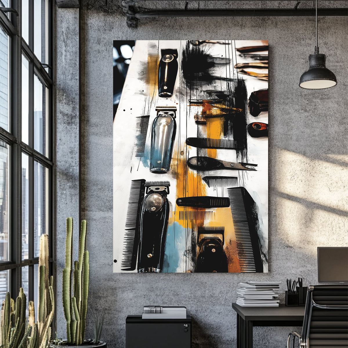 urban barber tool wall art with clippers and combs