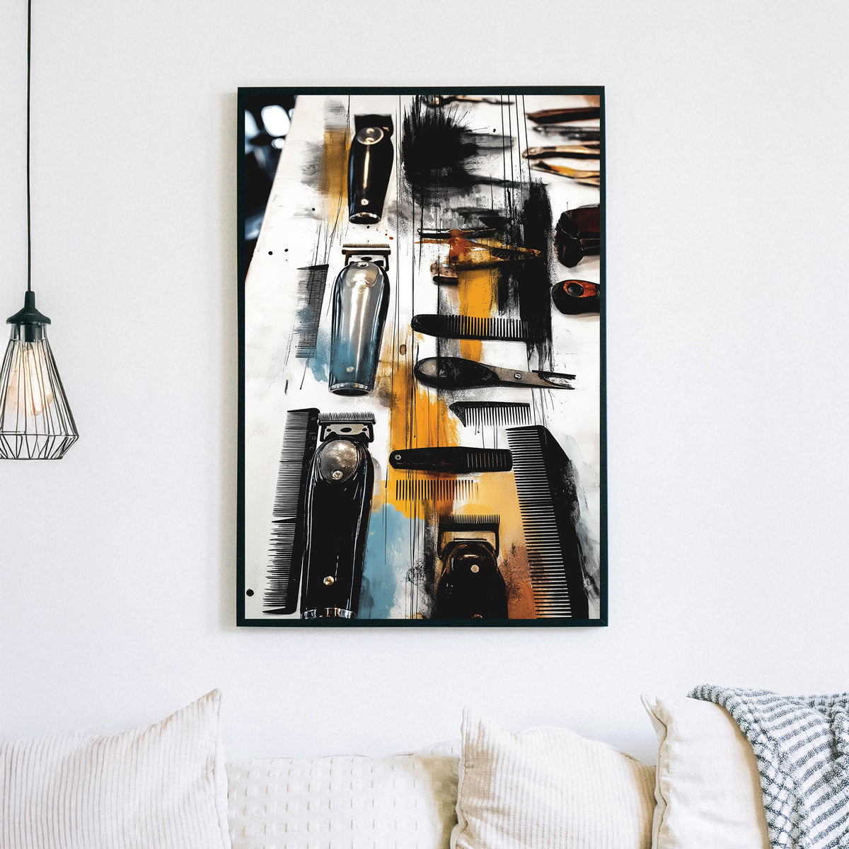 urban barber tool wall art with clippers and combs