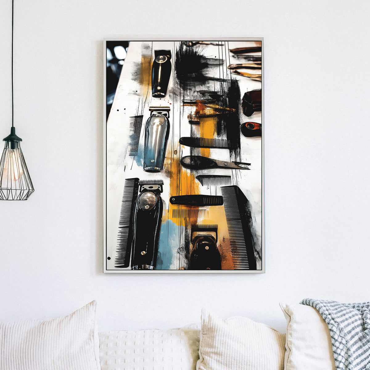 urban barber tool wall art with clippers and combs