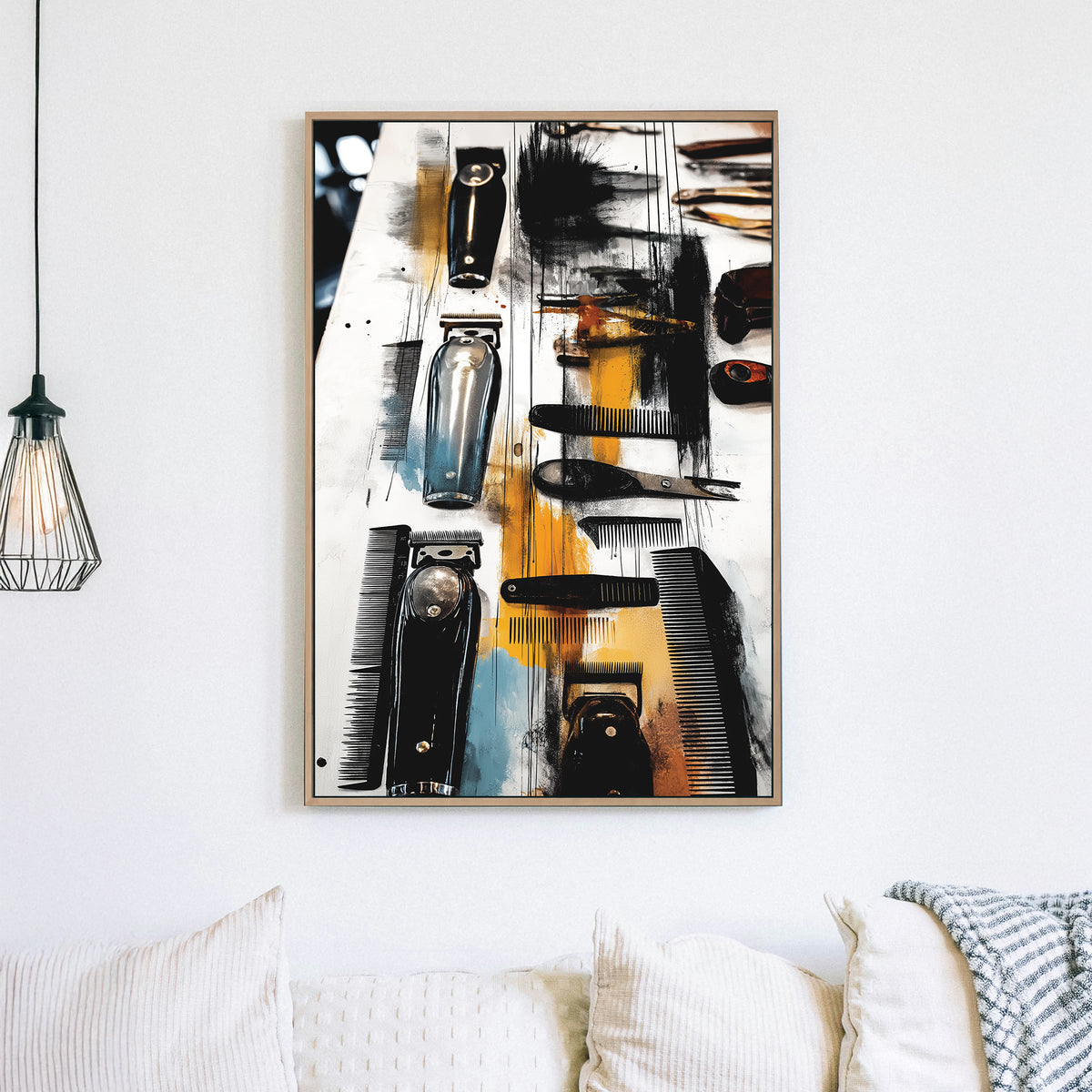 urban barber tool wall art with clippers and combs