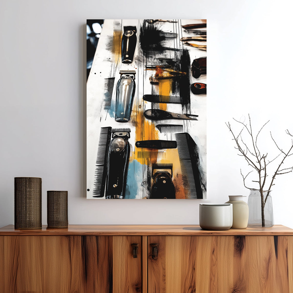 urban barber tool wall art with clippers and combs