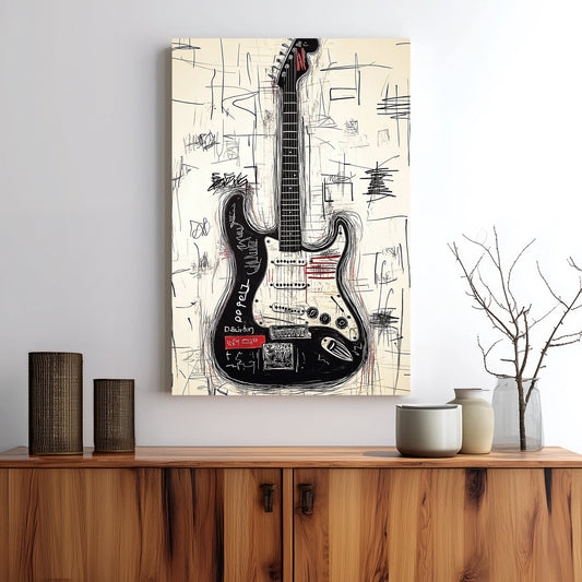 grunge-style electric guitar wall art with graffiti and sketch elements