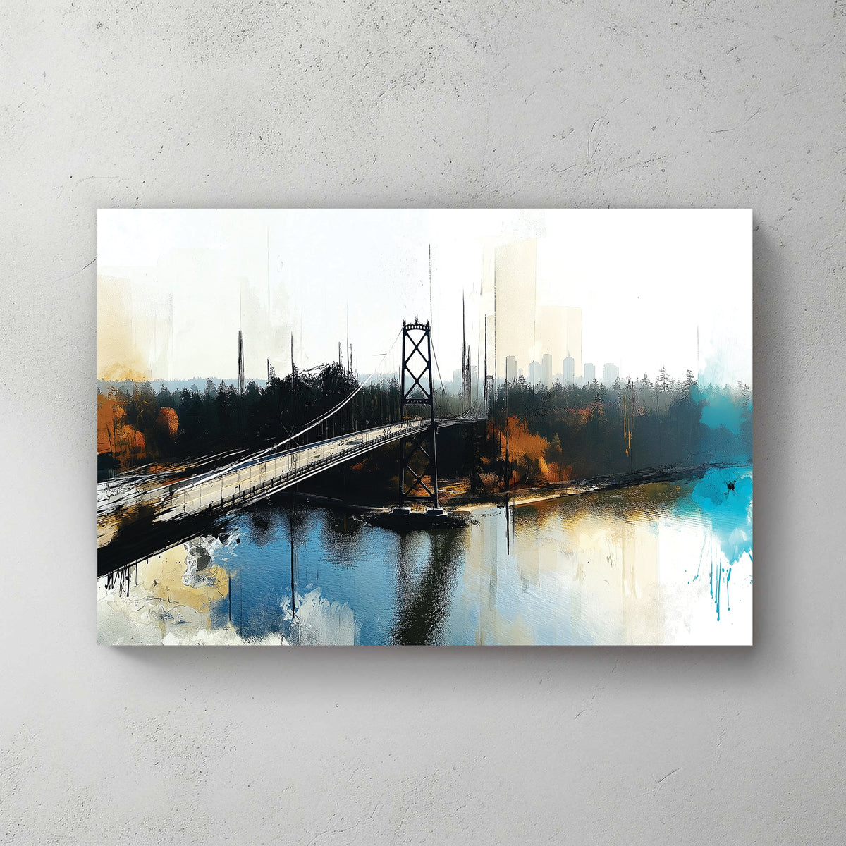 artistic wall art of Vancouver Lions Gate Bridge with abstract city and water reflections