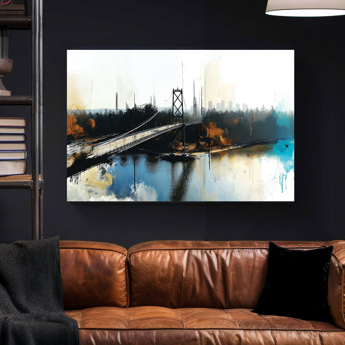 artistic wall art of Vancouver Lions Gate Bridge with abstract city and water reflections