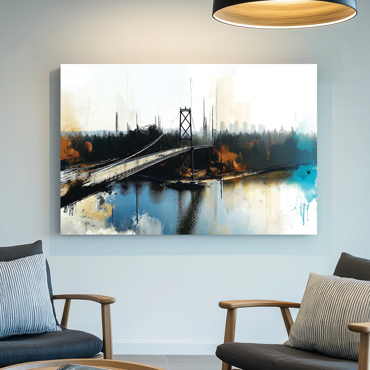 artistic wall art of Vancouver Lions Gate Bridge with abstract city and water reflections