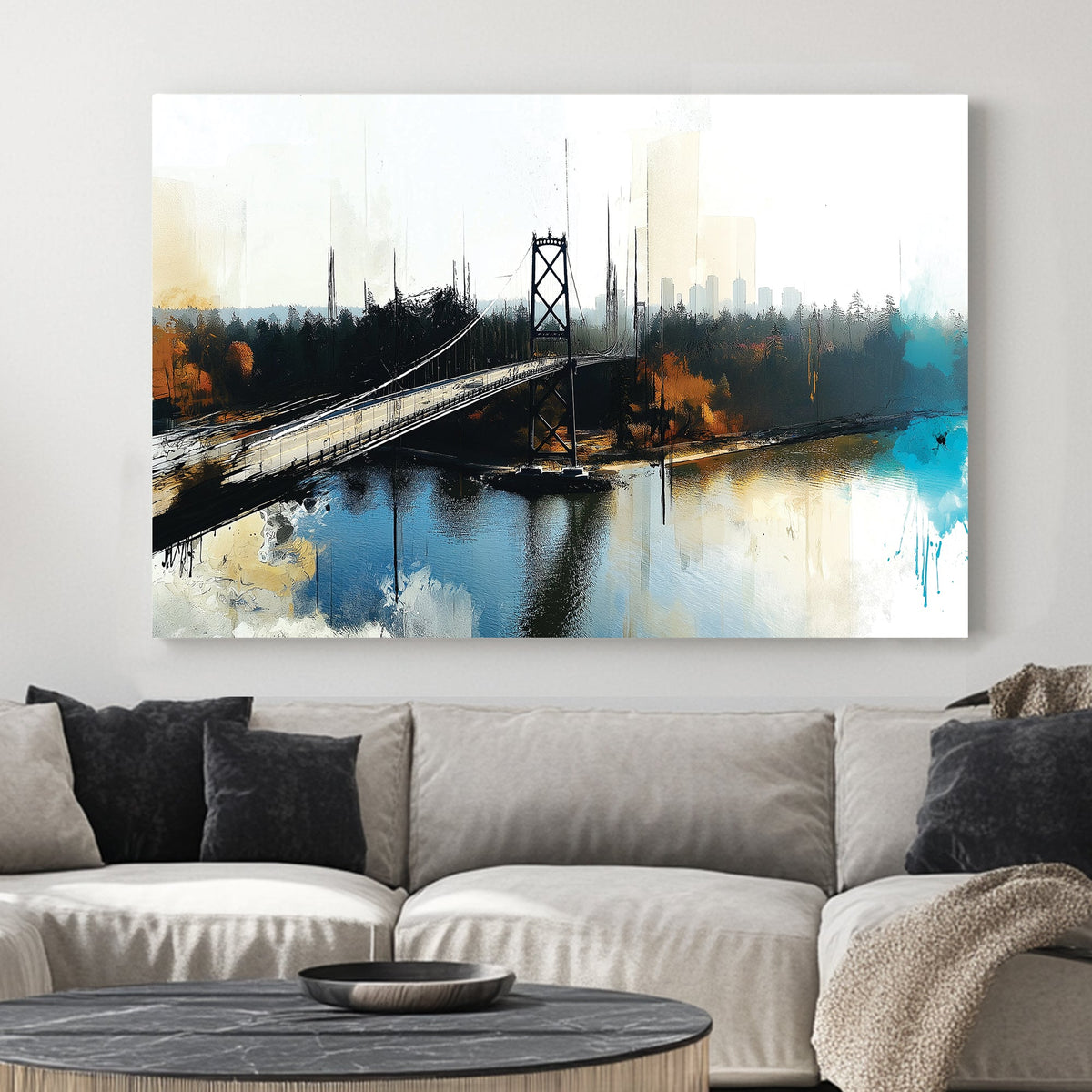 artistic wall art of Vancouver Lions Gate Bridge with abstract city and water reflections