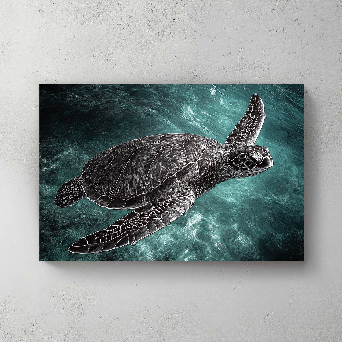stylized sea turtle swimming in turquoise water wall art