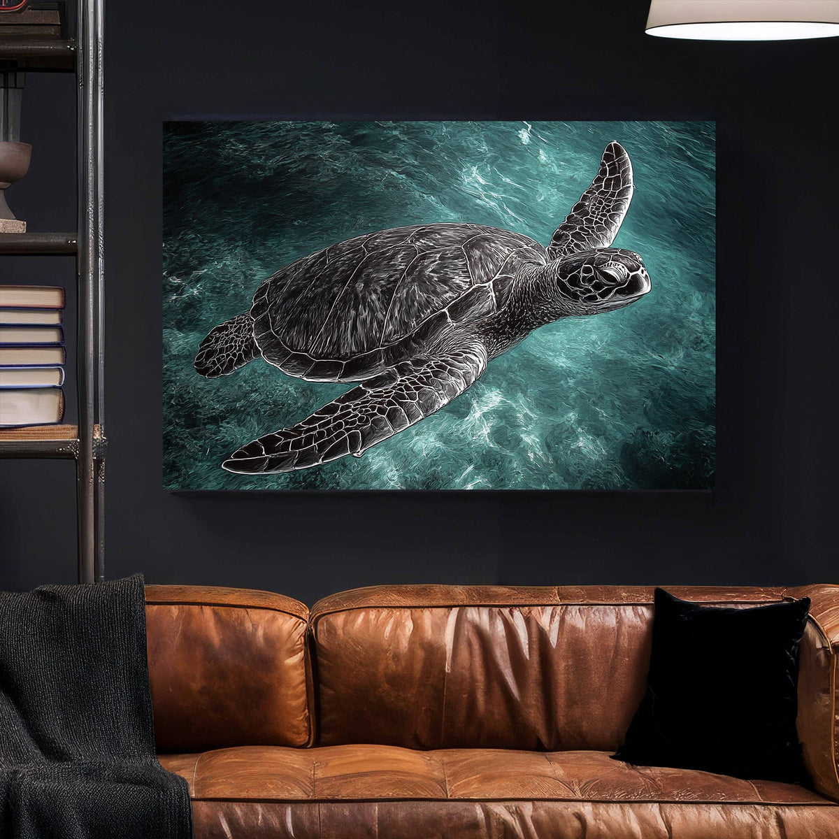 stylized sea turtle swimming in turquoise water wall art