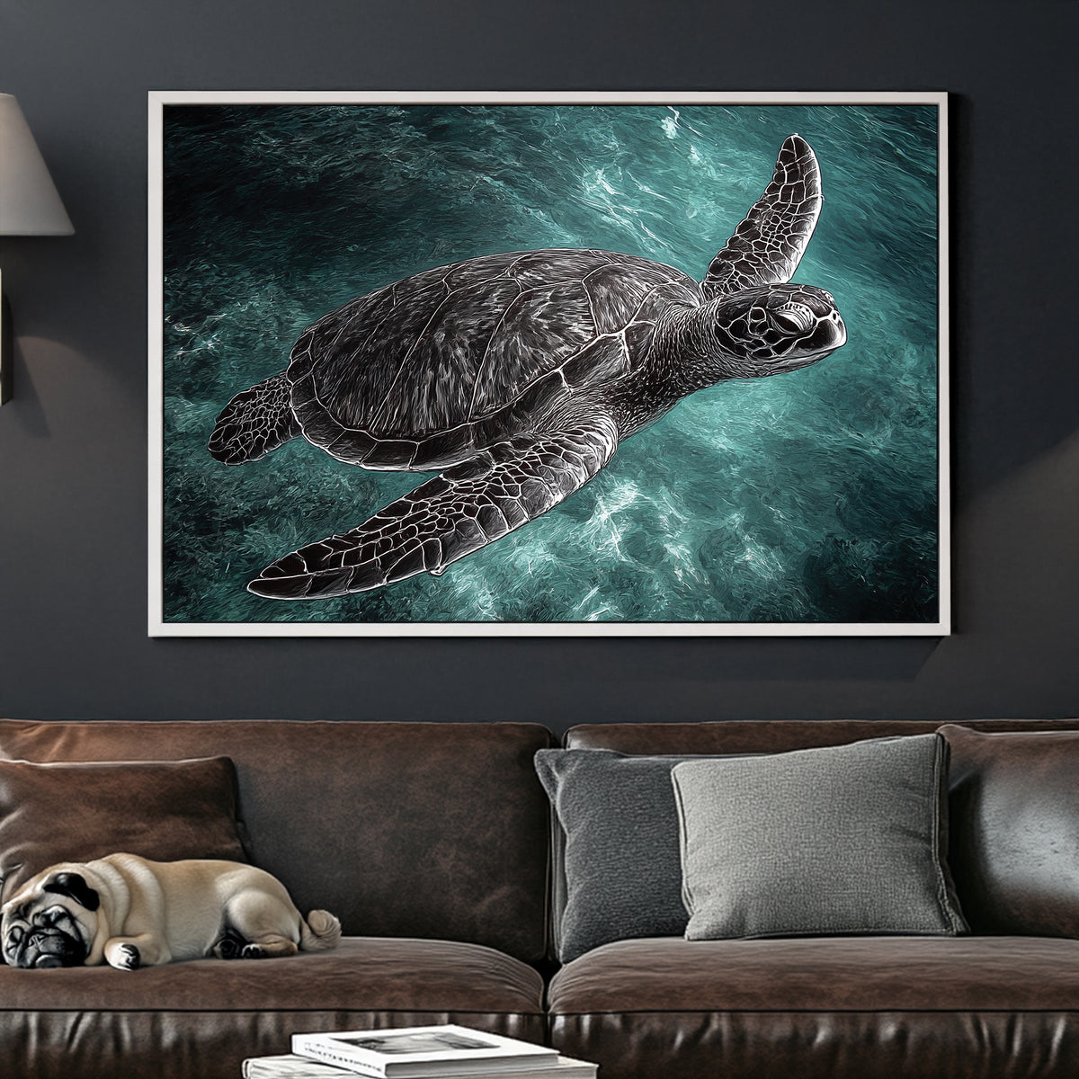 stylized sea turtle swimming in turquoise water wall art