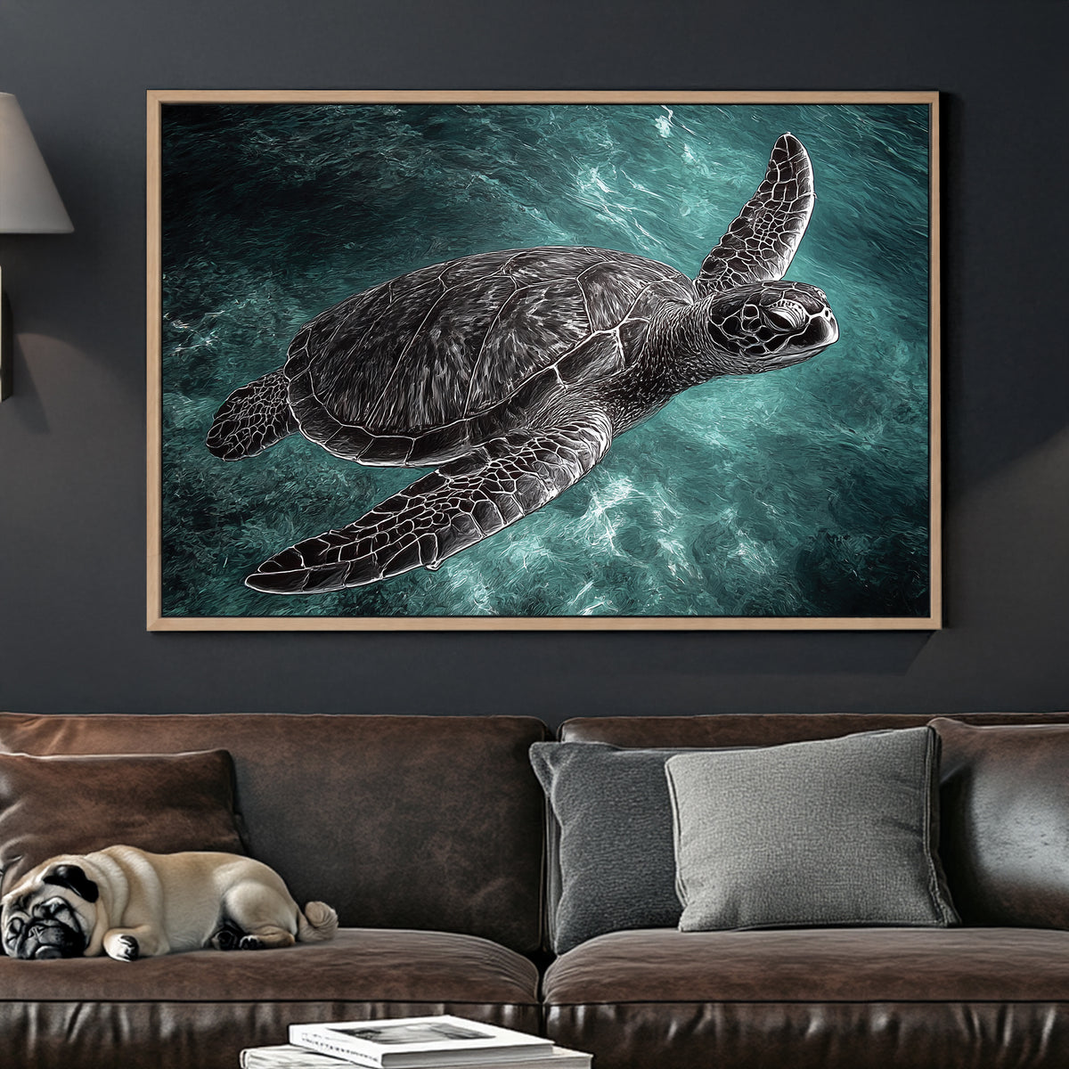 stylized sea turtle swimming in turquoise water wall art