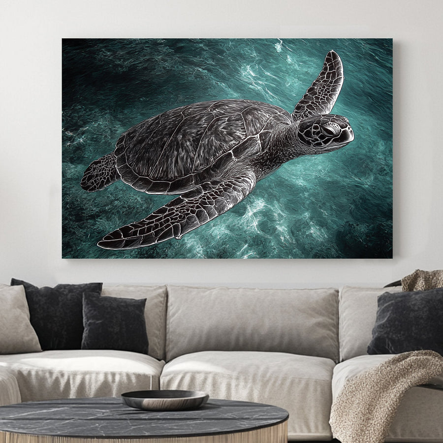 stylized sea turtle swimming in turquoise water wall art