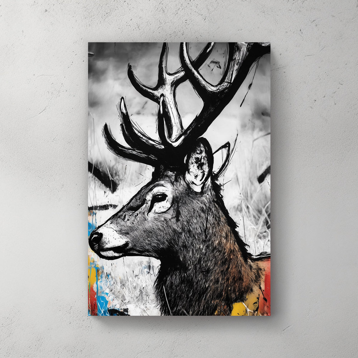 stylized black and white deer portrait wall art with colourful graffiti splashes