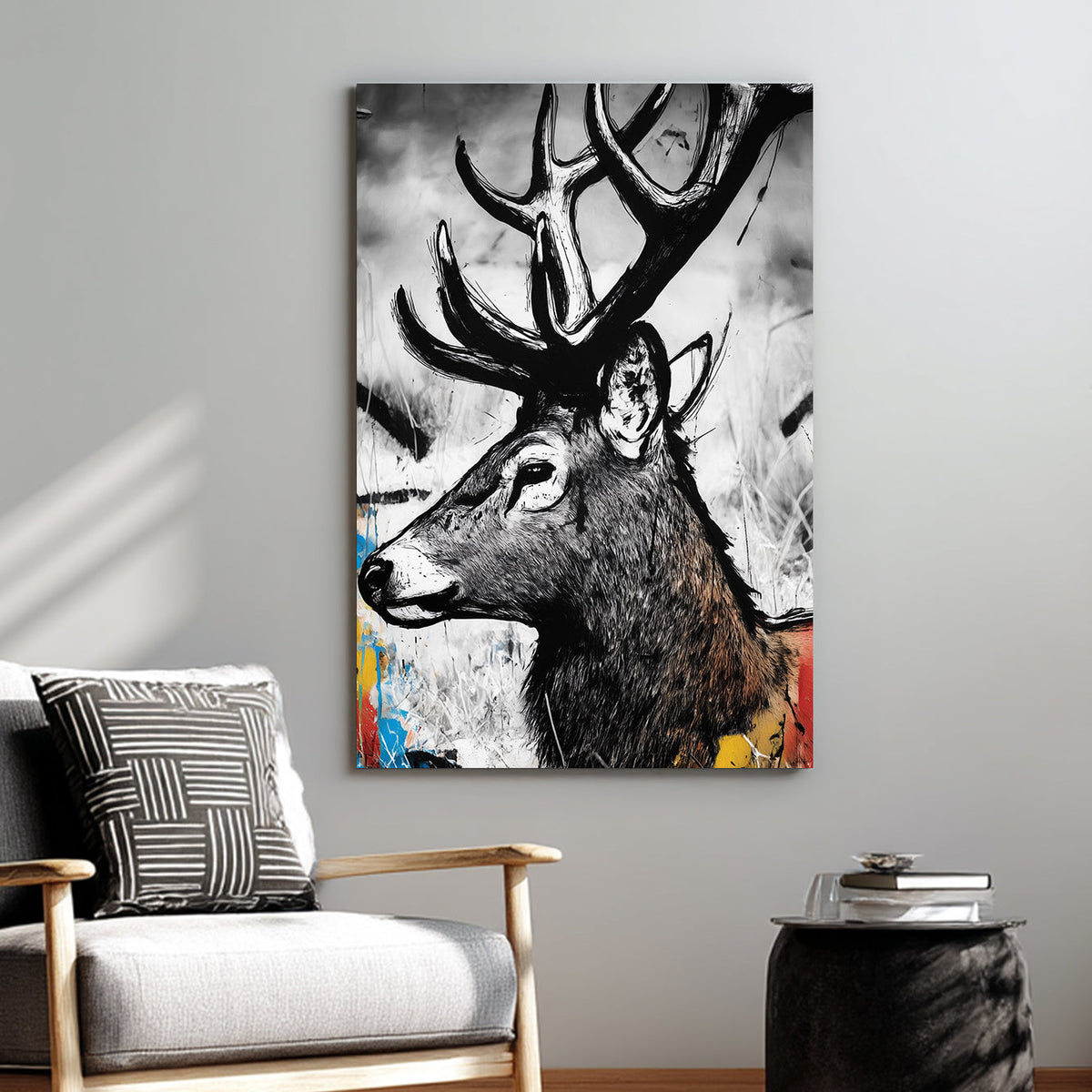 stylized black and white deer portrait wall art with colourful graffiti splashes