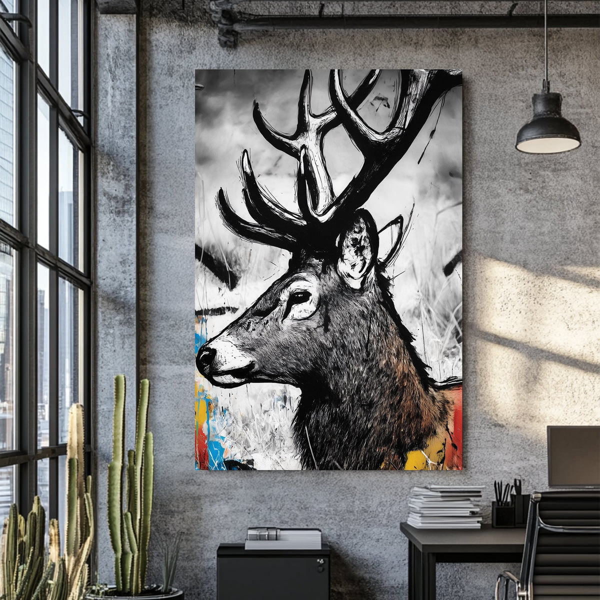 stylized black and white deer portrait wall art with colourful graffiti splashes