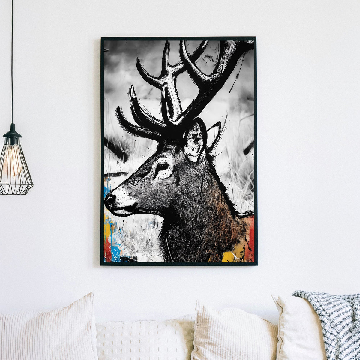 stylized black and white deer portrait wall art with colourful graffiti splashes
