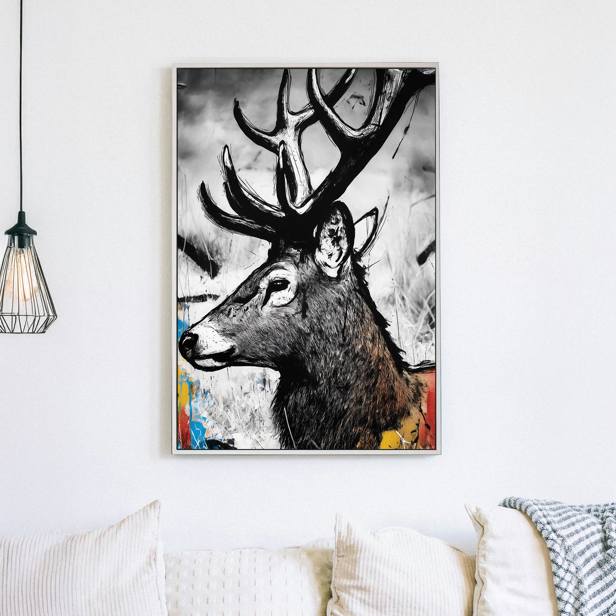 stylized black and white deer portrait wall art with colourful graffiti splashes