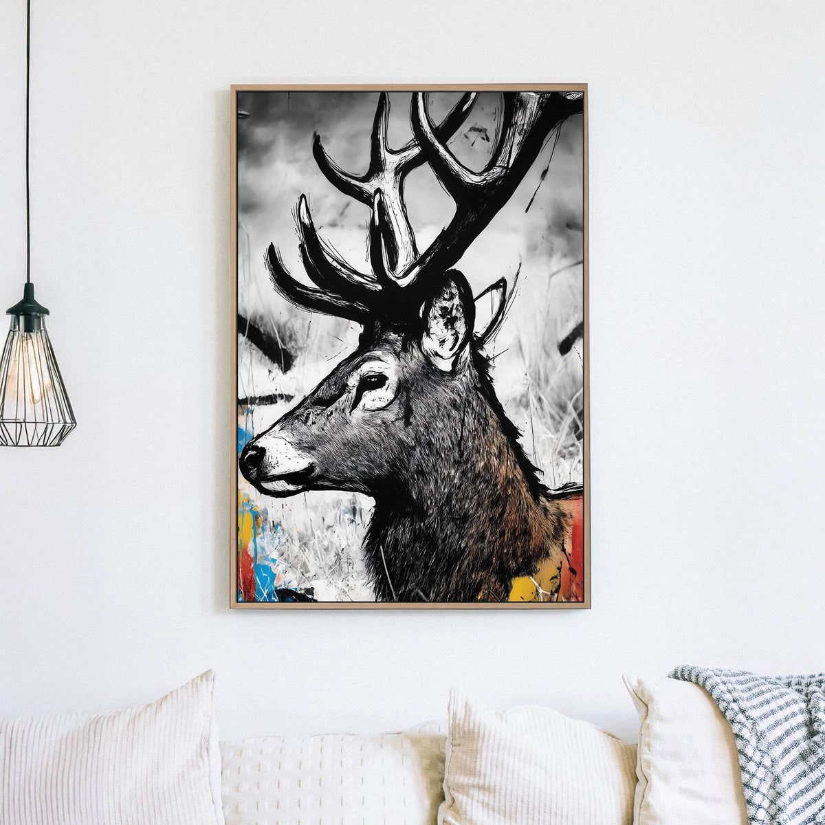 stylized black and white deer portrait wall art with colourful graffiti splashes