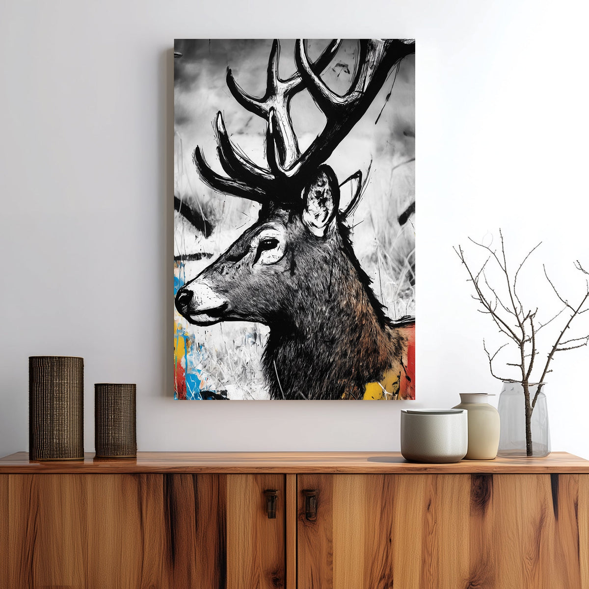 stylized black and white deer portrait wall art with colourful graffiti splashes