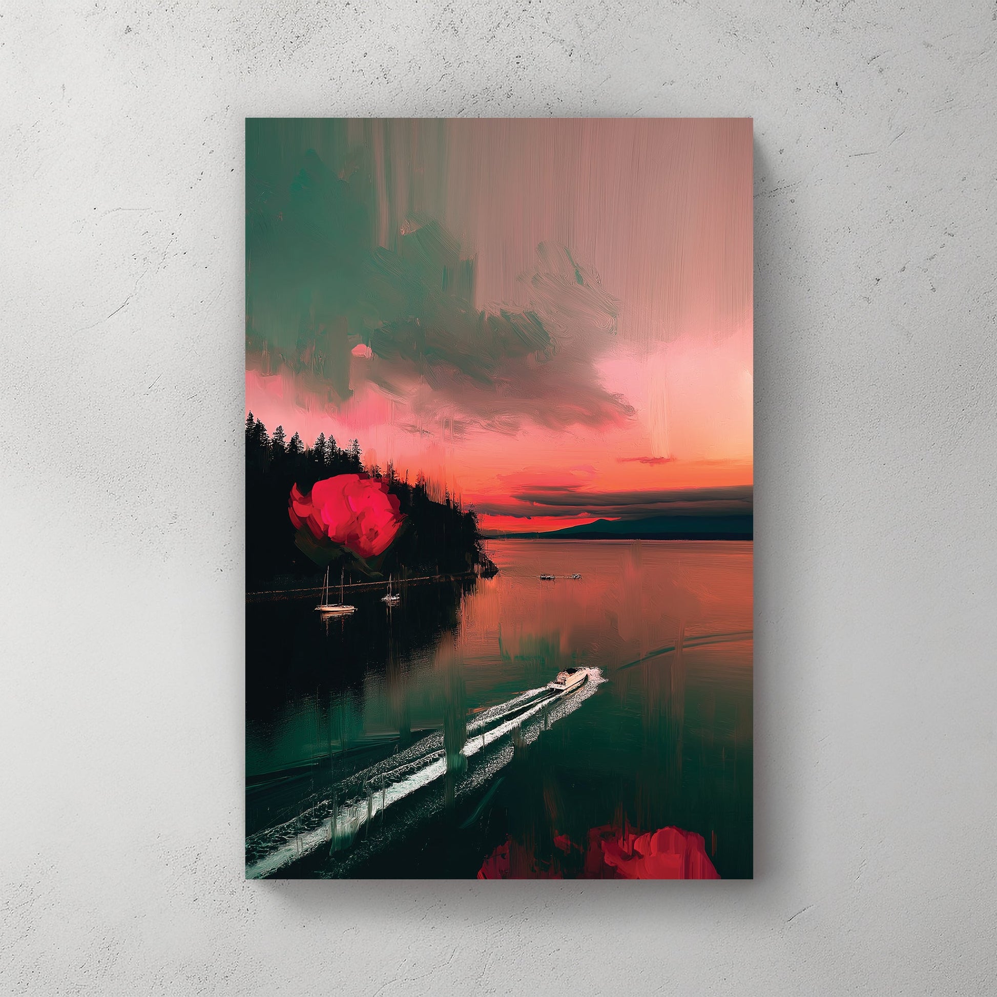 sunset wall art of Stanley Park with surreal red roses and boats in water