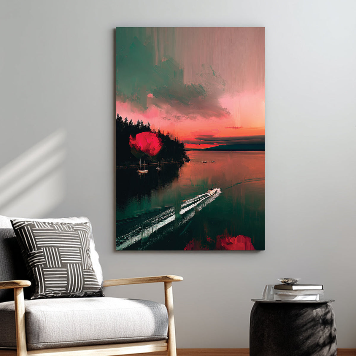 sunset wall art of Stanley Park with surreal red roses and boats in water